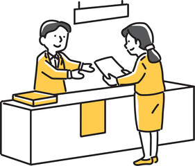 受付で書類を渡す女性
