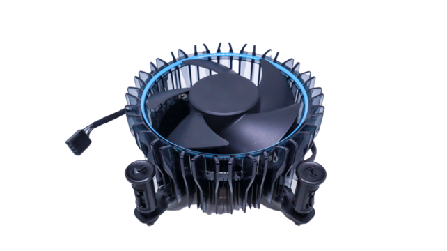 Close-up view of a CPU cooler with a blue LED lighting ring, showcasing the fan and its intricate design. This device helps to keep the CPU cool and prevent overheating.