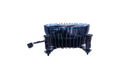 A close-up shot of a CPU cooler fan isolated on white backgrounds. The fan is black with blue accents and has a circular design with blades for efficient cooling.