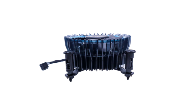 A close-up shot of a CPU cooler fan isolated on white backgrounds. The fan is black with blue accents and has a circular design with blades for efficient cooling.