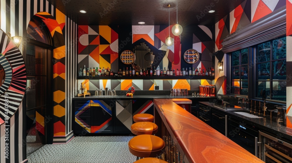Poster a maximalist paradise this home bar boasts a mix of geometric patterns and wide stripes creating a v