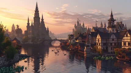 Fototapeta premium Realistic Fantasy Village with Wildlife Ambiance