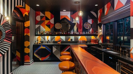 A maximalist paradise this home bar boasts a mix of geometric patterns and wide stripes creating a visually striking and energetic atmosphere.