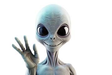 Smiling aliens waving greeting in futuristic arrival scene with transparent PNG background for sci-fi and fantasy design projects