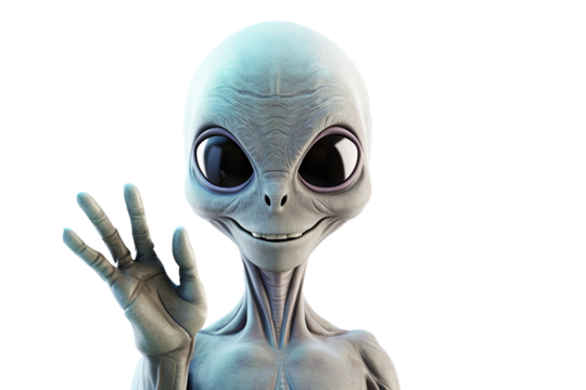 Smiling aliens waving greeting in futuristic arrival scene with transparent PNG background for sci-fi and fantasy design projects