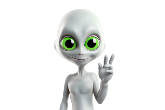 Smiling aliens waving greeting in futuristic arrival scene with transparent PNG background for sci-fi and fantasy design projects