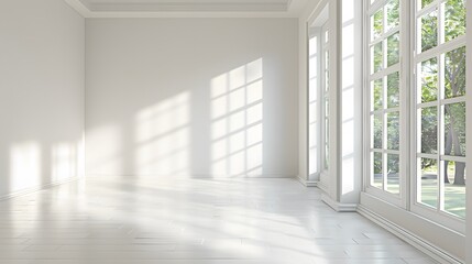 Fototapeta premium empty room wall and floor interior background, empty space, White room with light from a large window. 