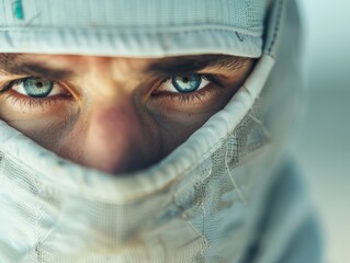 Intense Gaze of a Fencer: Eyes full of determination and focus in a minimalist fencing bout setting.