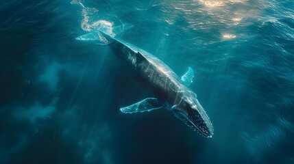 Naklejka premium Majestic large whale swimming in open ocean waters. Wildlife. Marine life. Aquatic. Oceanic, A humpback whale gracefully swims in the ocean with sun rays penetrating the water