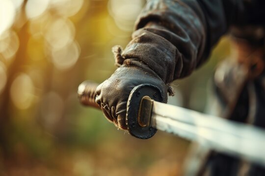 Mastering the Longsword: Skilled HEMA Practitioner Adjusting Grip with Detailed Textures of Hilt and Gloves
