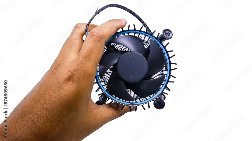 Fototapete close up of a hand holding a new computer cpu cooler for cooling down the processor. computer cpu co