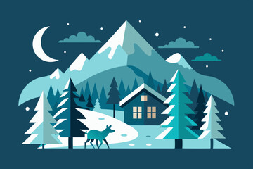 A winter scene with snow-covered trees, a cozy cabin, and wildlife like wolves 