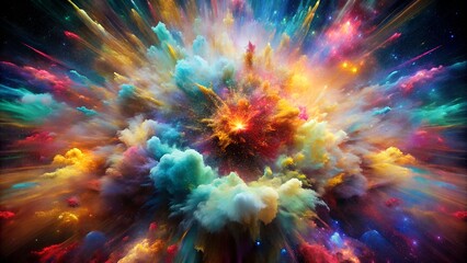 Fototapeta premium Abstract colorful powder explosion with bright glowing core and vibrant swirling clouds