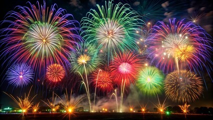 Dazzling and vibrant fireworks light up the night sky over a lake, reflecting off the water's surface and illuminating the shoreline.