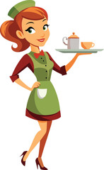 Obraz premium Smiling waitress holding a tray with teapot and cup