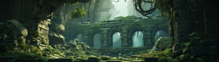 Obraz premium An ancient ruins exploration with mysterious symbols and artifacts hidden amongst overgrown vegetation