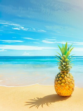 Sunny summer beach with ripe tropical pineapple resting on golden sand