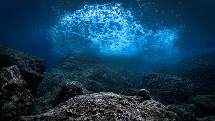 Underwater photo of rays of sunlight in blue colors coming through the surface over a reef. 