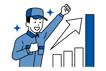 成長するグラフとガッツポーズで喜ぶつなぎ作業服の男性