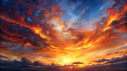 Fototapeta premium A vivid sunset sky ablaze with fiery clouds and a bright shining sun.