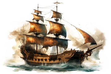 Ancient pirate ship illustration in PNG style with transparent background for nautical and maritime-themed designs and projects