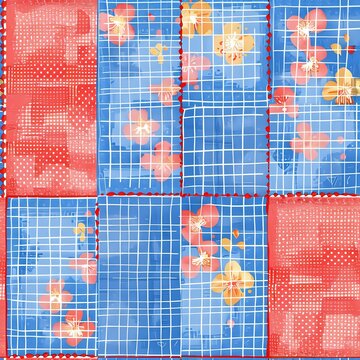 Quaint Red and Blue Patchwork Square Pattern with Floral Fabric