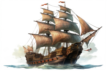 Ancient pirate ship illustration in PNG style with transparent background for nautical and maritime-themed designs and projects