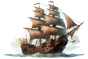 Ancient pirate ship illustration in PNG style with transparent background for nautical and maritime-themed designs and projects