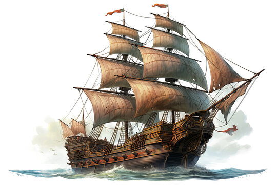 Ancient pirate ship illustration in PNG style with transparent background for nautical and maritime-themed designs and projects