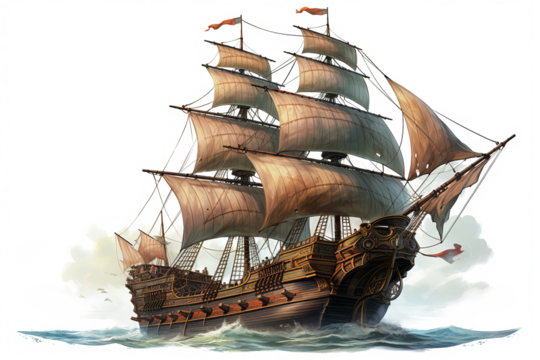 Ancient pirate ship illustration in PNG style with transparent background for nautical and maritime-themed designs and projects
