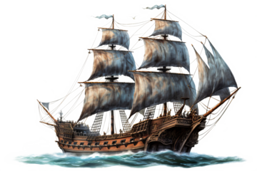 Ancient pirate ship illustration in PNG style with transparent background for nautical and maritime-themed designs and projects