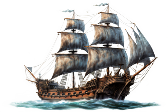 Ancient pirate ship illustration in PNG style with transparent background for nautical and maritime-themed designs and projects