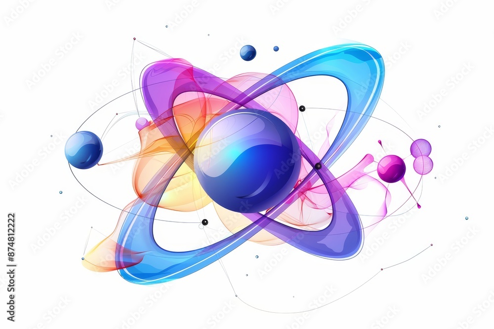 Aufkleber iconic atomic model with dynamic colorful orbits and vibrant particles on a neutral background, repr