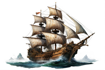 Realistic ancient pirate ship illustration in PNG format with transparent background for historical nautical and adventure-themed design projects