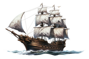 Realistic ancient pirate ship illustration in PNG format with transparent background for historical nautical and adventure-themed design projects