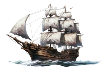 Realistic ancient pirate ship illustration in PNG format with transparent background for historical nautical and adventure-themed design projects