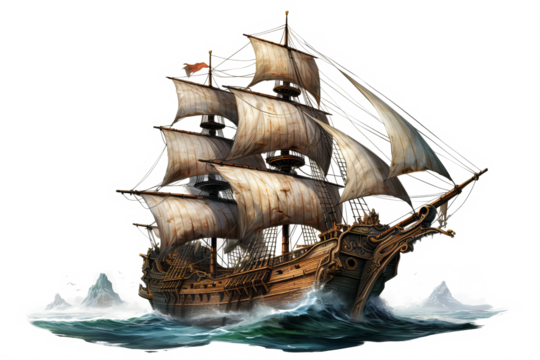 Realistic ancient pirate ship illustration in PNG format with transparent background for historical nautical and adventure-themed design projects