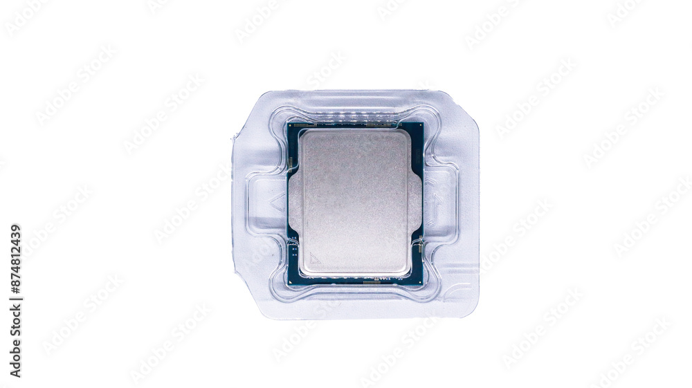 Poster a close-up view of a cpu processor in protective packaging. the processor is a silver square, surrou