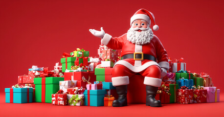 Jolly santa claus sitting with a huge pile of christmas presents