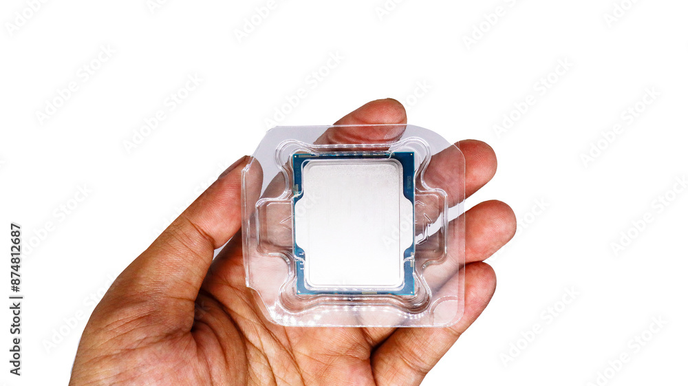 Poster a close-up shot of a cpu processor in its plastic packaging, held in a hand against a white backgrou