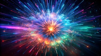 Abstract illustration of supernova remnant with bright center and colorful expanding shockwave.