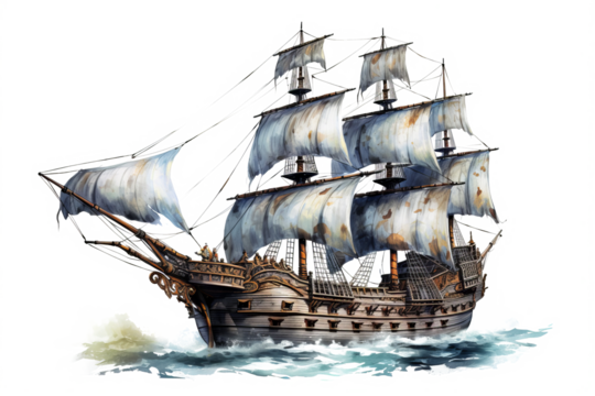 Realistic ancient pirate ship illustration in PNG format with transparent background for historical nautical and adventure-themed design projects