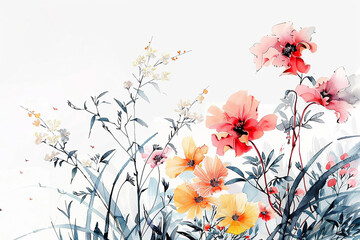 Wild flowers Chinese brushstroke illustration, fine artistry, white backdrop