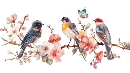 Watercolor Asian birds in flowers.Colorful with flowers, and Japanese birds. Traditional folk fashion ornament isolated on a transparent background