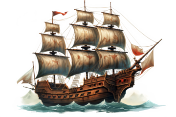 Realistic ancient pirate ship illustration in PNG format with transparent background for historical nautical and adventure-themed design projects