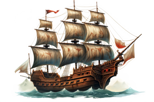 Realistic ancient pirate ship illustration in PNG format with transparent background for historical nautical and adventure-themed design projects