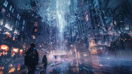 Obraz premium A surreal cityscape where buildings appear to melt into each other and the streets seem to shift and change before your eyes