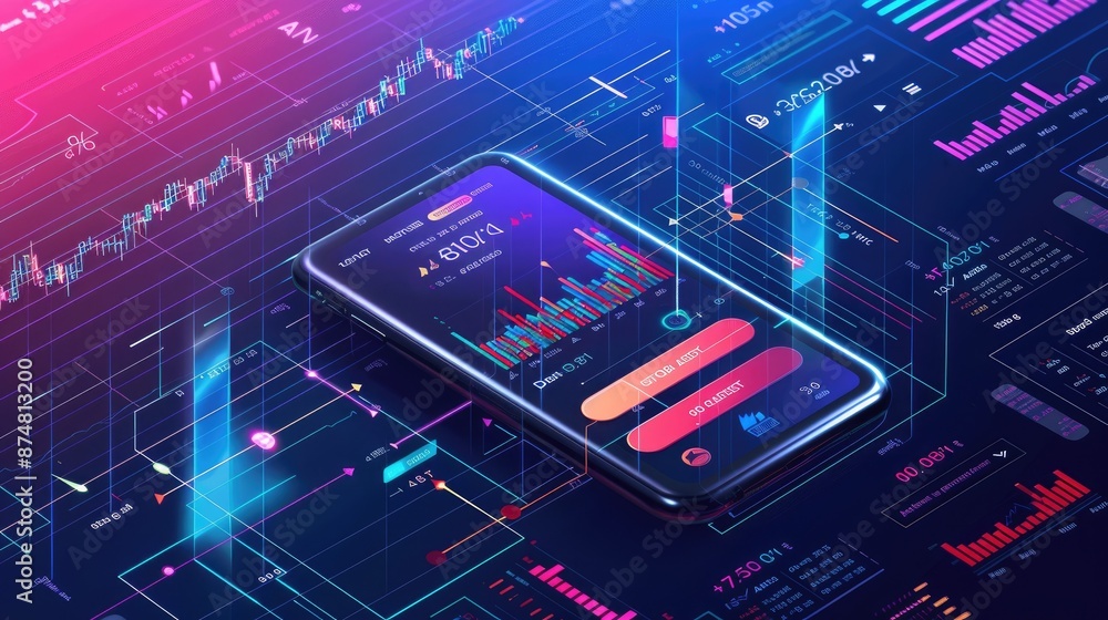 Poster the image shows a smartphone with a trading app on the screen. the background is a circuit board wit