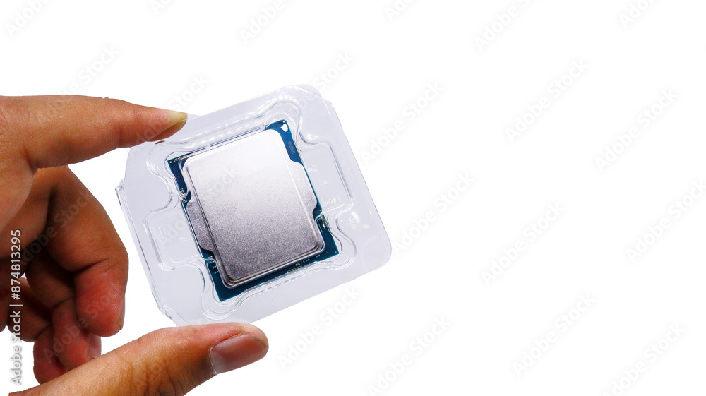 Poster a close-up shot of a cpu processor in its plastic packaging, held in a hand against a white backgrou
