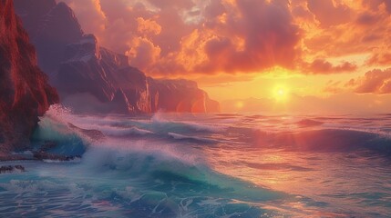 A dramatic coastal scene with rugged cliffs and crashing waves, set against the backdrop of a colorful sunset.